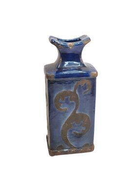 Blue & Black Rectangular Ceramic Vase With Decorative Scroll Design